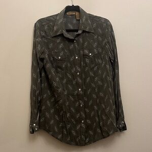 Vintage Wrangler Olive Western Patterned Print Button-Down Shirt Pearl Snap Sz L